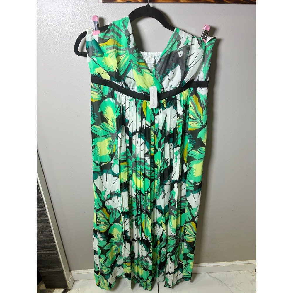 New York & Company Floral Maxi Dress Green Yellow Pleated Empire Waist XL NEW